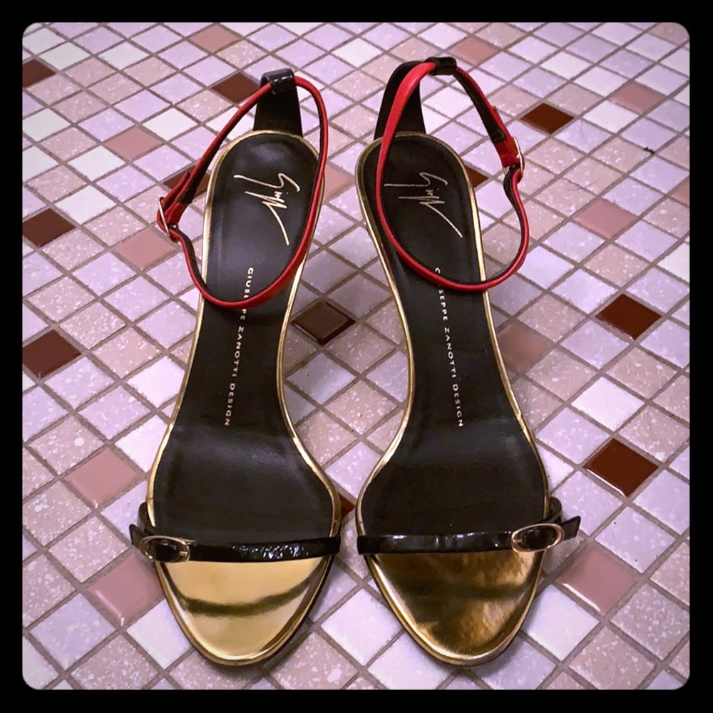 Giuseppe Zanotti Gold & Red & Black Strappy Heels